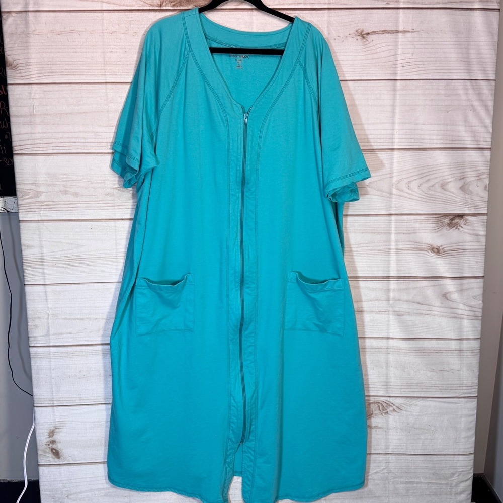 Dreams & Co Zip Front Robe Womens 3X Teal Blue Short Sleeve Pocket Housecoat